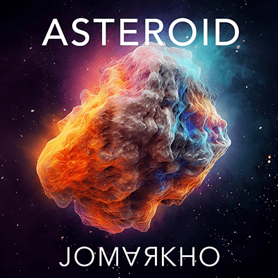 Asteroid bu Jomarkho. Image shows an asteroid hurtling through space amongst colourful clouds.