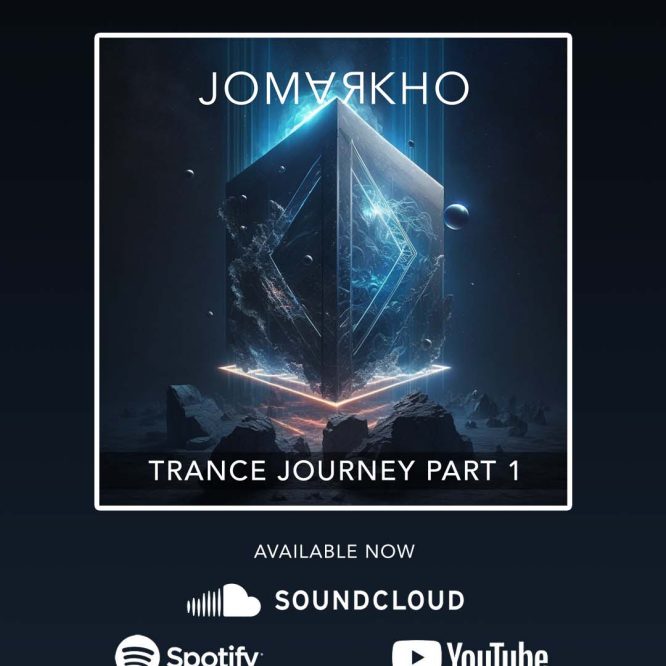 Track art for Trance Journey Part 1 by Jomarkho. It shows a glowing cube with a laser blasting out of the top into space.