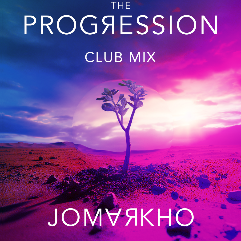 The Progression Club Mix - Jomarkho track art (a pink and purple coloured image of a single seedling growing in a desert).